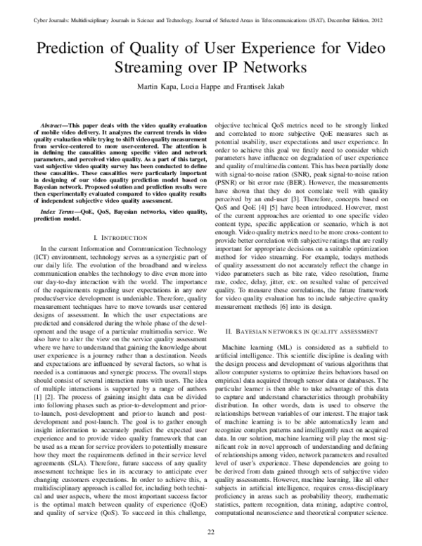 (PDF) Prediction of Quality of User Experience for Video Streaming over ...