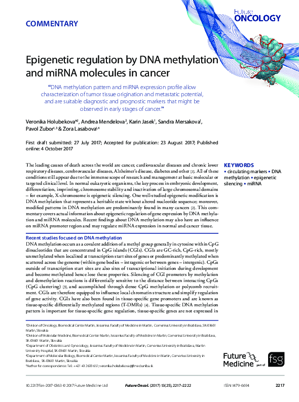 (PDF) Epigenetic regulation by DNA methylation and miRNA molecules in ...