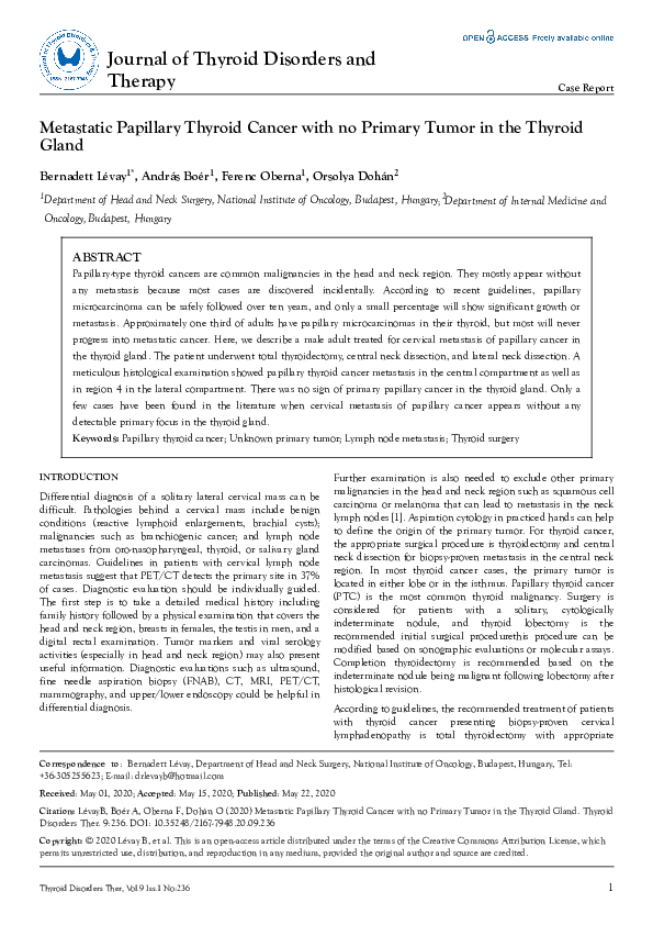 (PDF) Metastatic Papillary Thyroid Cancer with no Primary Tumor in the ...