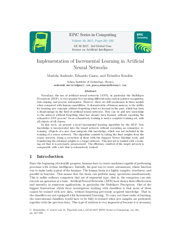 (PDF) Implementation of Incremental Learning in Artificial Neural Networks