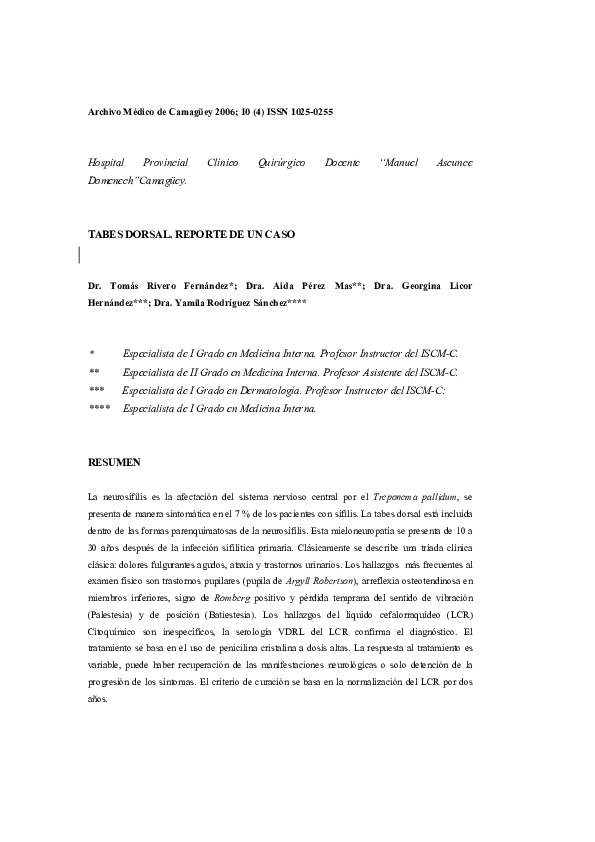 (PDF) Tabes dorsal Reporte de un caso Aida Mas Academia.edu