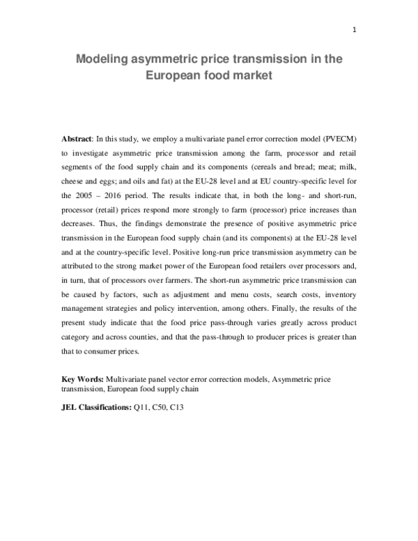 (PDF) Modeling asymmetric price transmission in the European food market