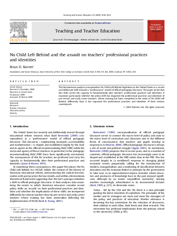 (PDF) No Child Left Behind and the assault on teachers' professional ...