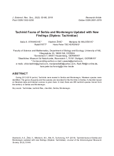 (PDF) Tachinid Fauna of Serbia and Montenegro Updated with New Findings ...