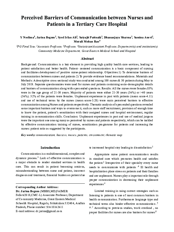 (PDF) Perceived Barriers of Communication between Nurses and Patients ...