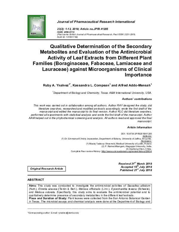 (PDF) Qualitative Determination of the Secondary Metabolites and ...