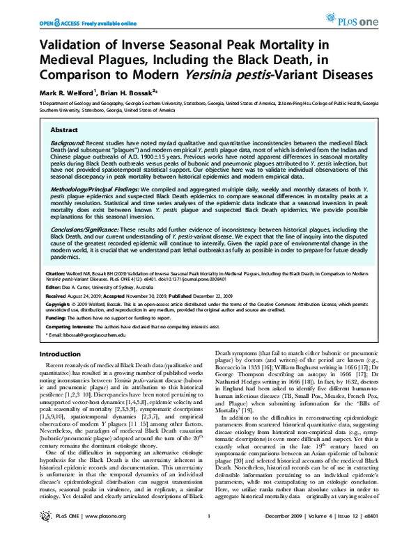 Validation of inverse seasonal peak mortality in medieval plagues, including the Black Death, in comparison to modern Yersinia pestis-variant diseases