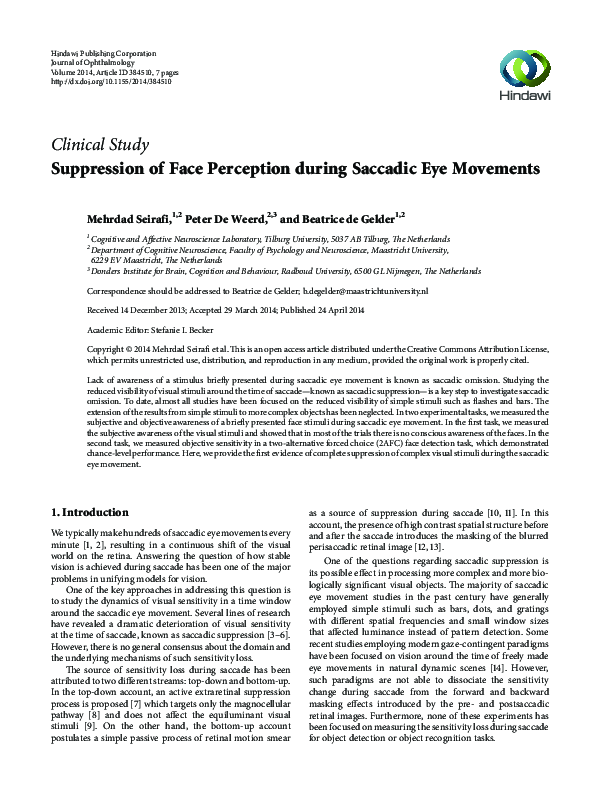 (PDF) Suppression of Face Perception during Saccadic Eye Movements