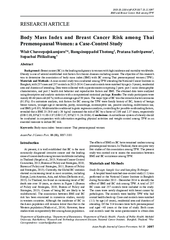 (PDF) Body Mass Index and Breast Cancer Risk among Thai Premenopausal ...