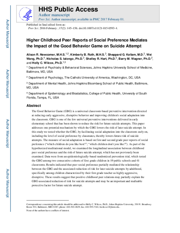  pdf higher childhood peer reports of social preference mediates the impact of the good 