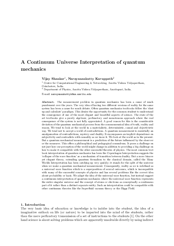 (PDF) A Continuum Universe Interpretation of quantum mechanics