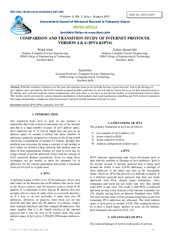 (PDF) Comparison and Transition Study of Internet Protocol Version 4 ...