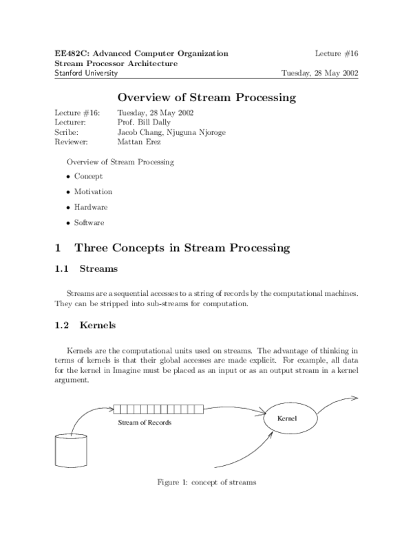 (PDF) Ee482c: Advanced Computer Organization Overview of Stream Processing