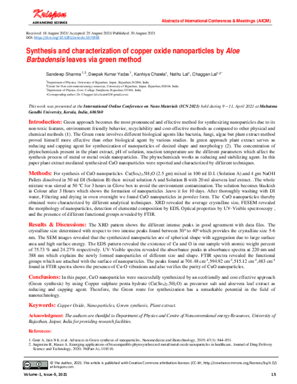 (PDF) Synthesis and characterization of copper oxide nanoparticles by ...
