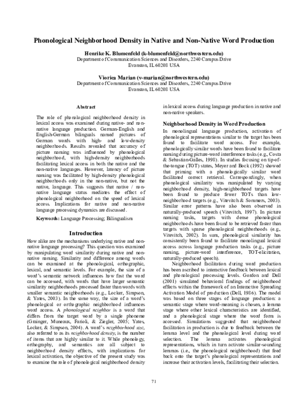 (PDF) Phonological Neighborhood Density in Native and Non-Native Word ...