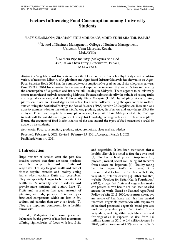 (PDF) Factors Influencing Food Consumption among University Students