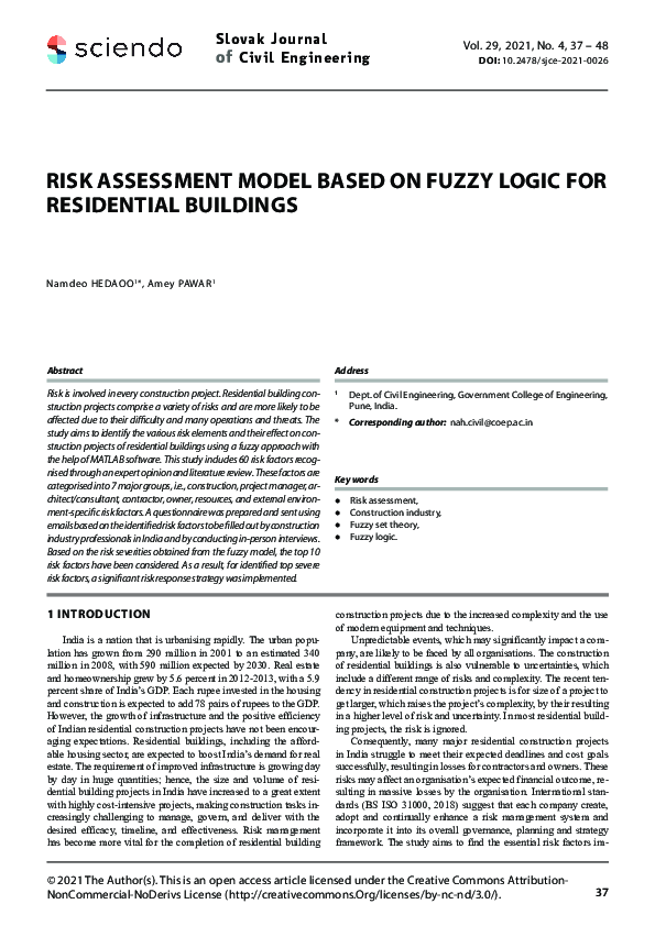 (PDF) Risk Assessment Model Based on Fuzzy Logic for Residential Buildings