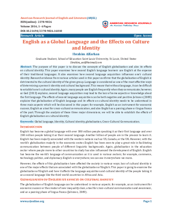 (PDF) English as a Global Language and the Effects on Culture and Identity