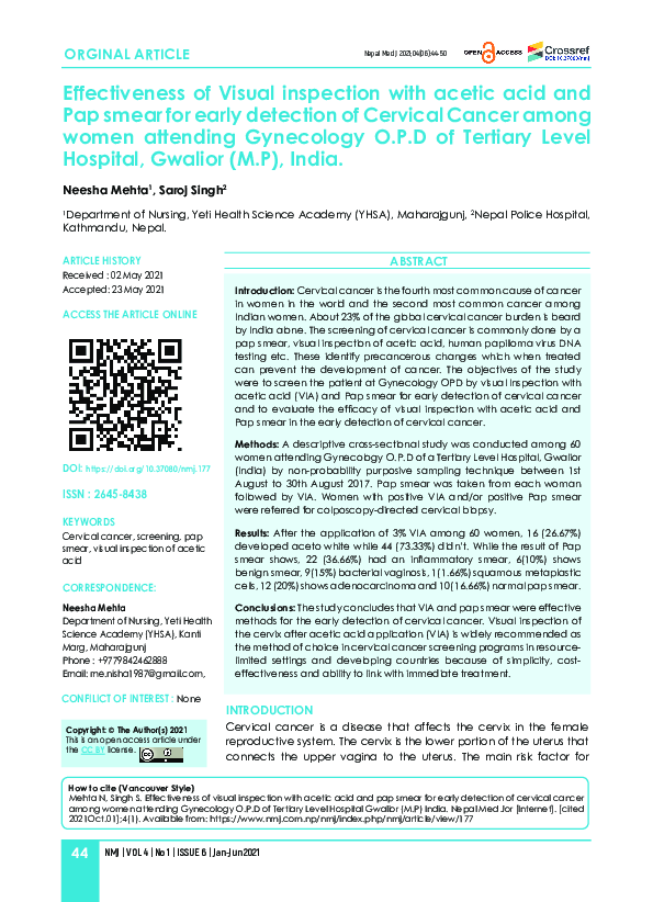 (PDF) Comparision of efficacy of visual inspection of cervix with