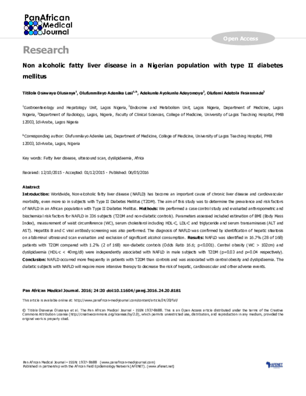 (PDF) Non alcoholic fatty liver disease in Nigerian population with ...