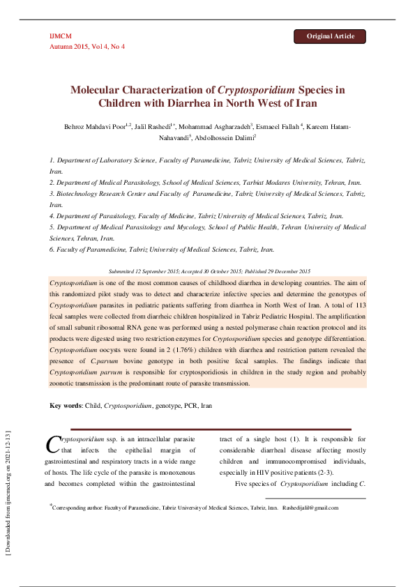 (PDF) Molecular Characterization of Cryptosporidium Species in Children ...