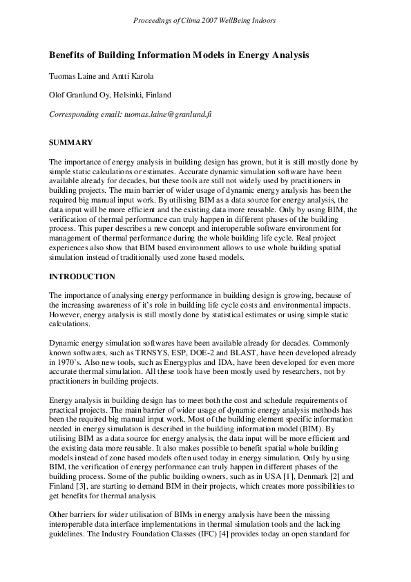 (PDF) Benefits of Building Information Models in Energy Analysis