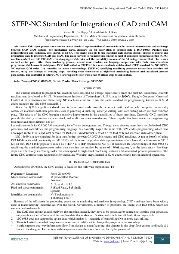 (PDF) STEP-NC Standard for Integration of CAD and CAM