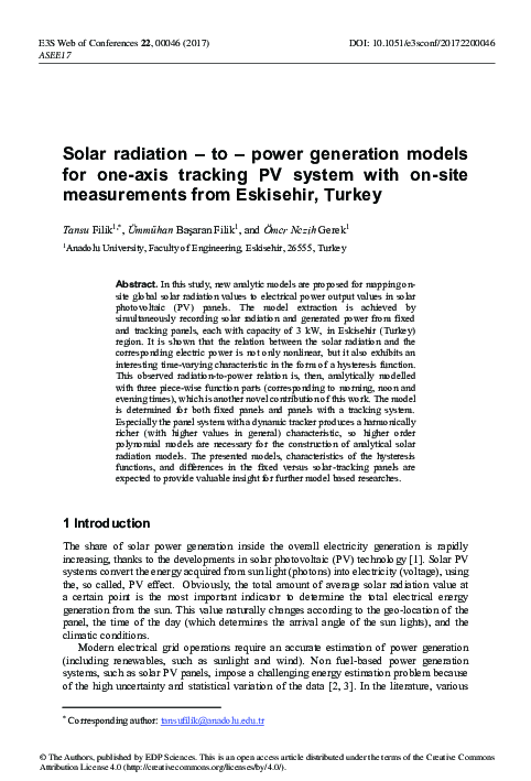 (PDF) Solar radiation – to – power generation models for one-axis ...