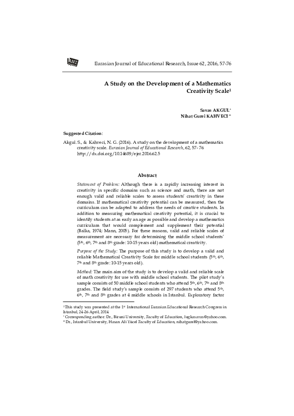 (PDF) A Study on the Development of a Mathematics Creativity Scale