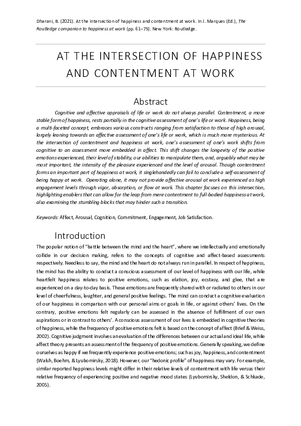 (PDF) At the Intersection of Happiness and Contentment at Work