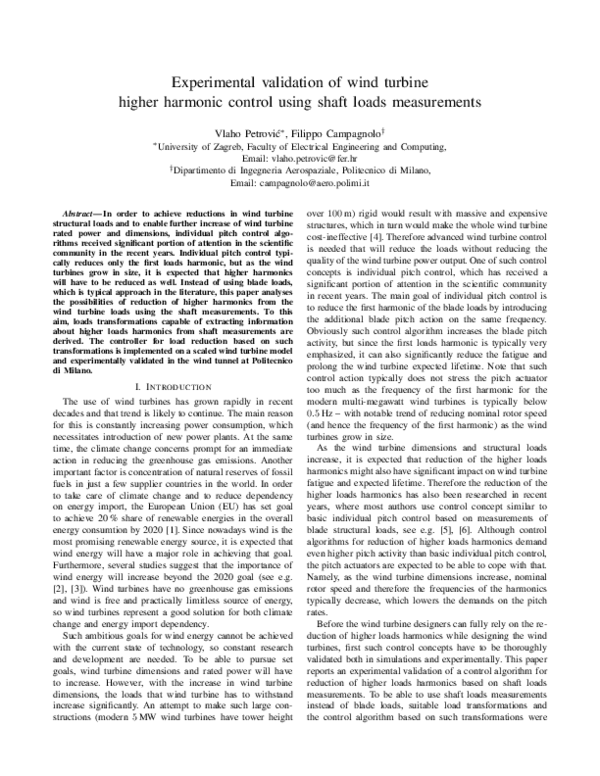 (PDF) Experimental validation of wind turbine higher harmonic control ...