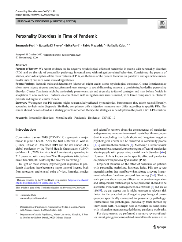 (PDF) Personality Disorders in Time of Pandemic