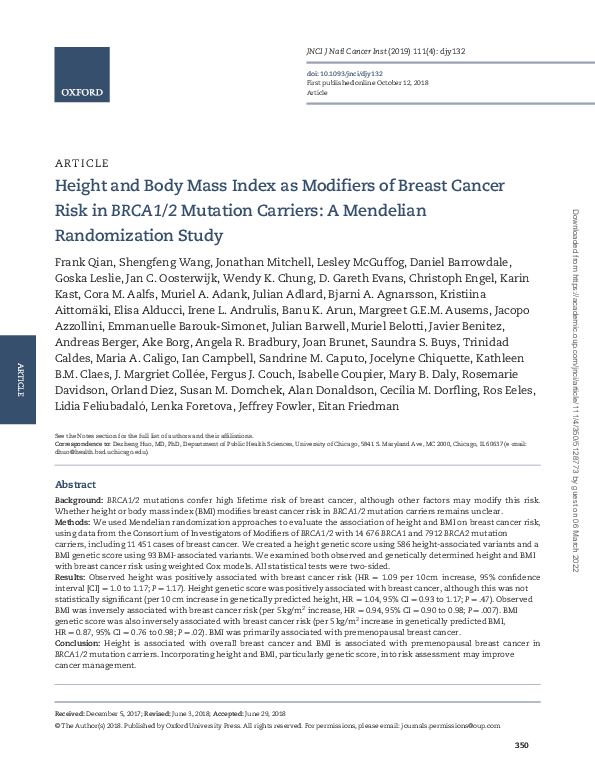 (PDF) Height and Body Mass Index as Modifiers of Breast Cancer Risk in ...