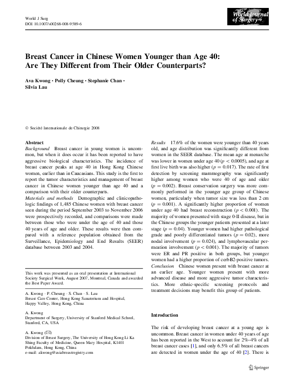(PDF) Breast cancer in Chinese women younger than age 40: Are they ...