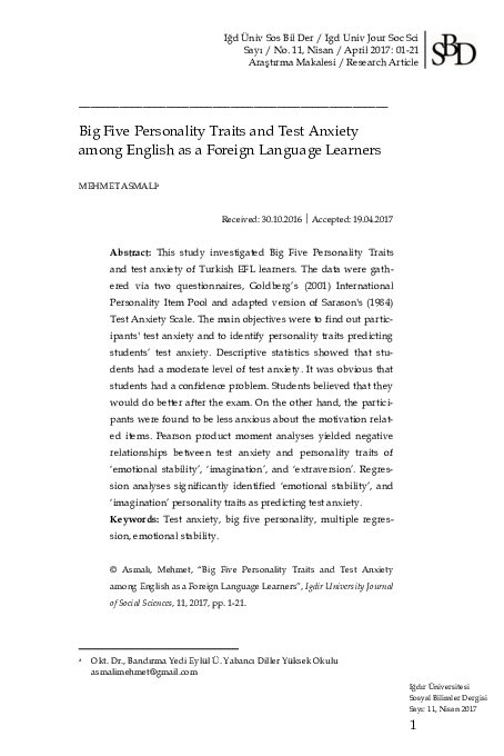(PDF) Big Five Personality Traits and Test Anxiety among English as a ...