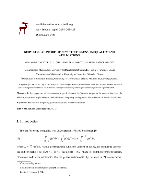 (PDF) Geometrical proof of new Steffensen’s inequality and applications