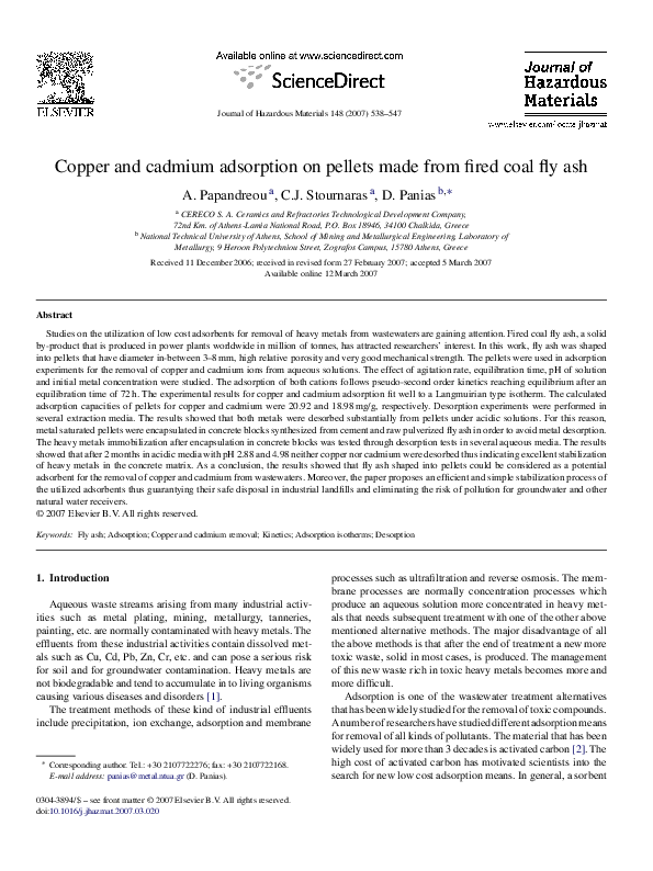 (PDF) Copper and cadmium adsorption on pellets made from fired coal fly ash