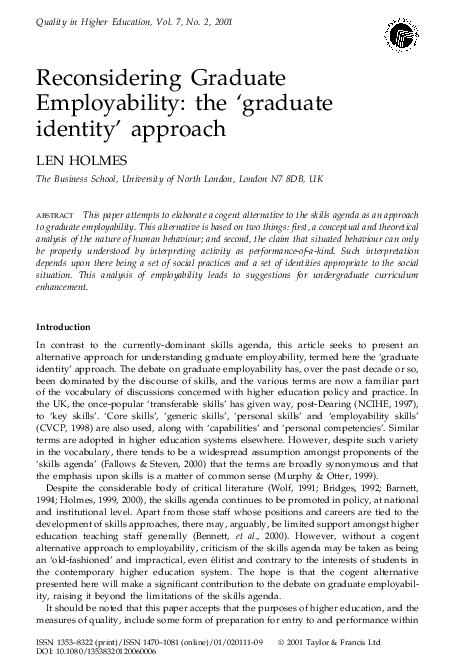 (PDF) Reconsidering Graduate Employability: the`graduate identity' approach