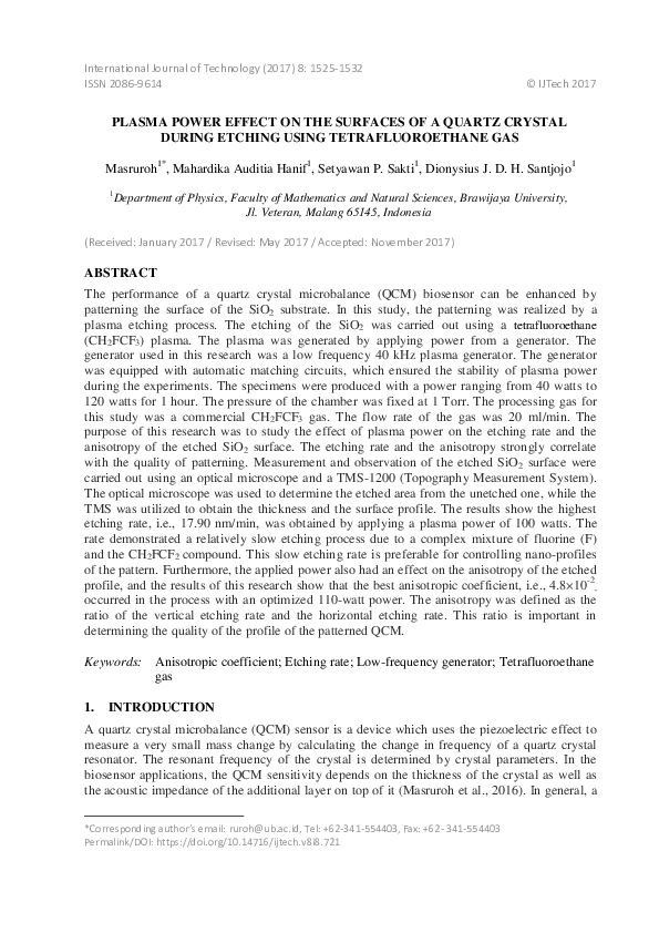 (PDF) Plasma Power Effect on the Surfaces of a Quartz Crystal During Etching using