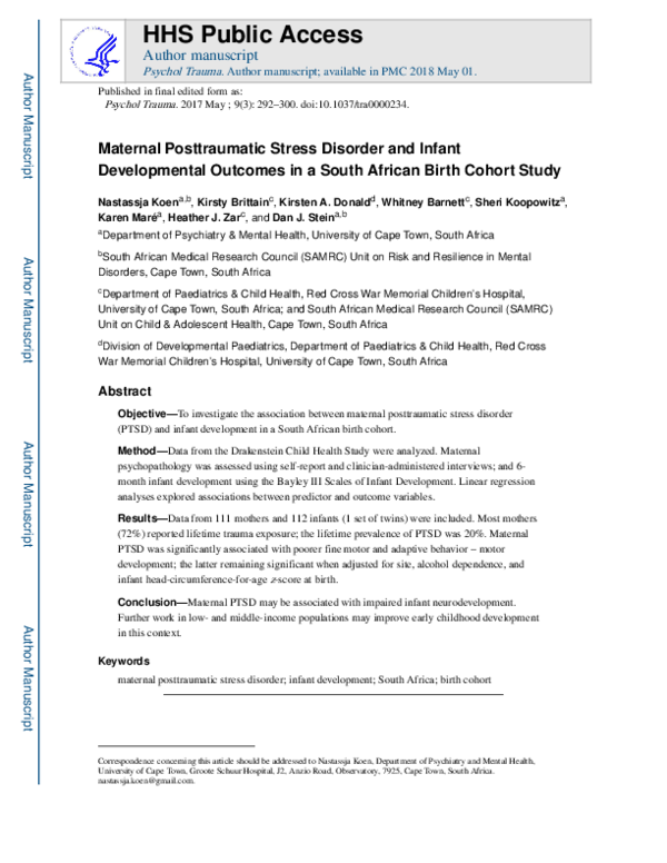 (PDF) Maternal posttraumatic stress disorder and infant developmental ...