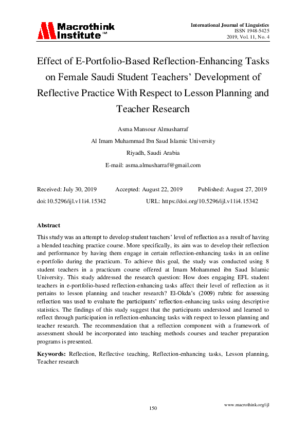 (PDF) Effect of E-Portfolio-Based Reflection-Enhancing Tasks on Female ...