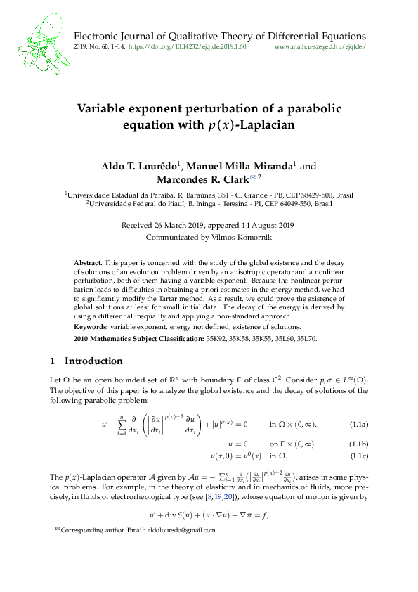(PDF) Variable exponent perturbation of a parabolic equation with p ( x ...