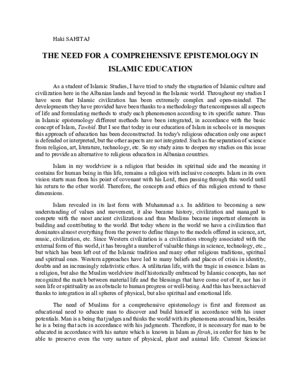 (PDF) THE NEED FOR A COMPREHENSIVE EPISTEMOLOGY IN ISLAMIC EDUCATION