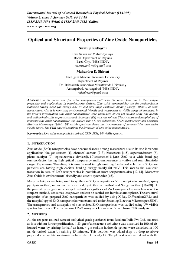 (PDF) Optical and Structural Properties of Zinc Oxide Nanoparticles