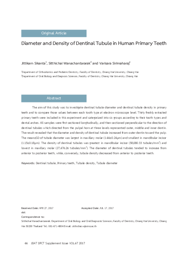 (PDF) Diameter and Density of Dentinal Tubule in Human Primary Teeth