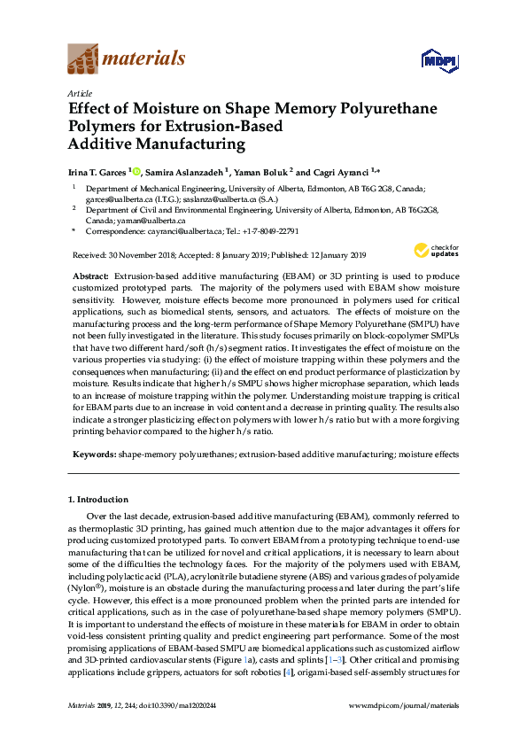 (PDF) Effect of Moisture on Shape Memory Polyurethane Polymers for ...