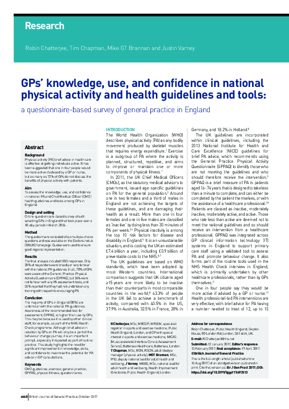 (PDF) GPs’ knowledge, use, and confidence in national physical activity and health guidelines