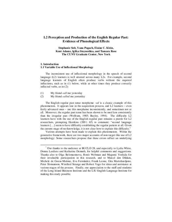 (PDF) L2 perception and production of the English regular past ...