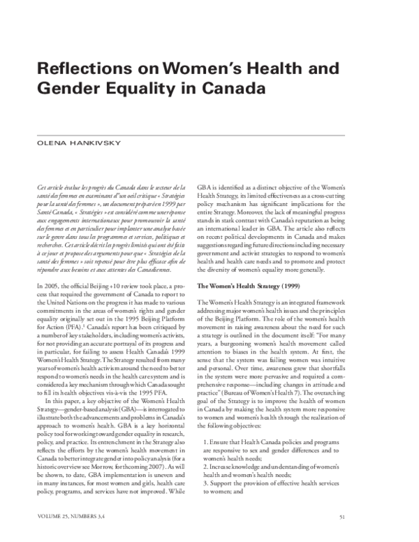 (PDF) Reflections on Women’s Health and Gender Equality in Canada
