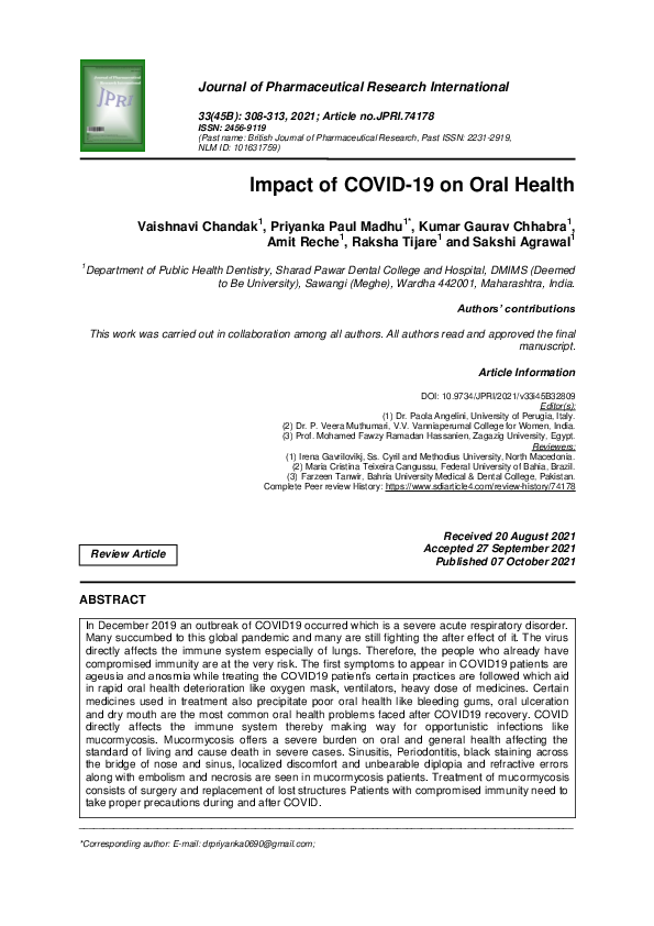 (PDF) Impact of COVID-19 on Oral Health